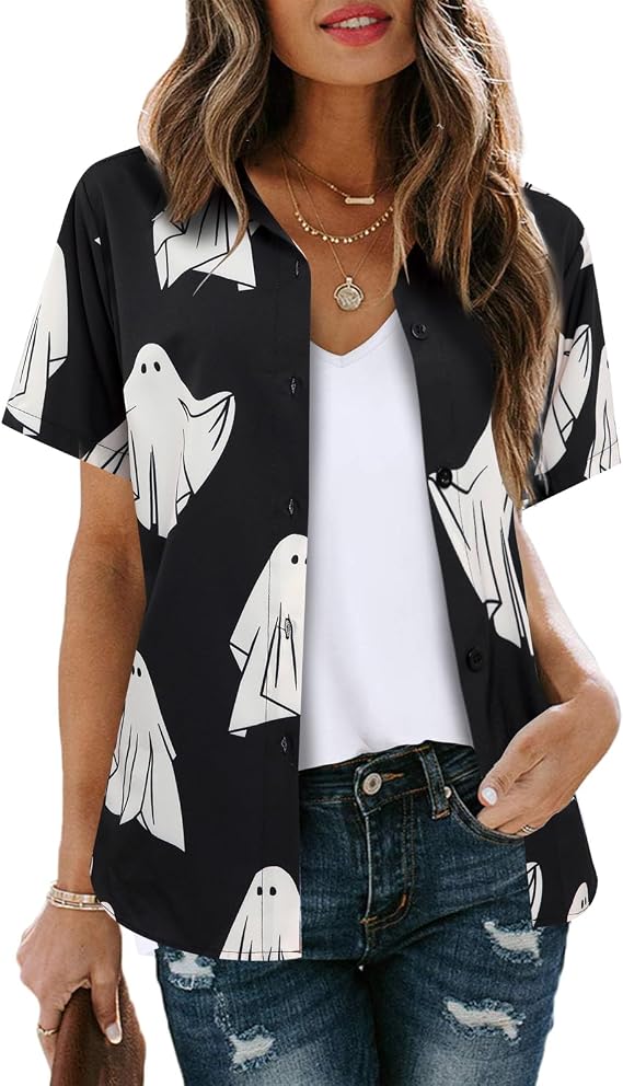 LOTUCY Women's Halloween Allover Print Short Sleeve Button-Down Shirt