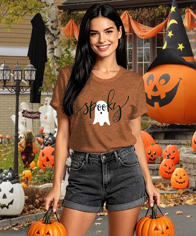 Women's Orange Ghost Graphic Halloween T-Shirt Size Large