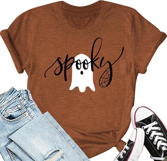 Women's Orange Ghost Graphic Halloween T-Shirt Size Large