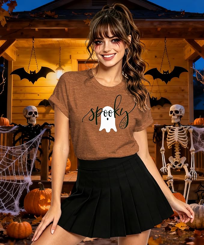 Women's Orange Ghost Graphic Halloween T-Shirt Size Large