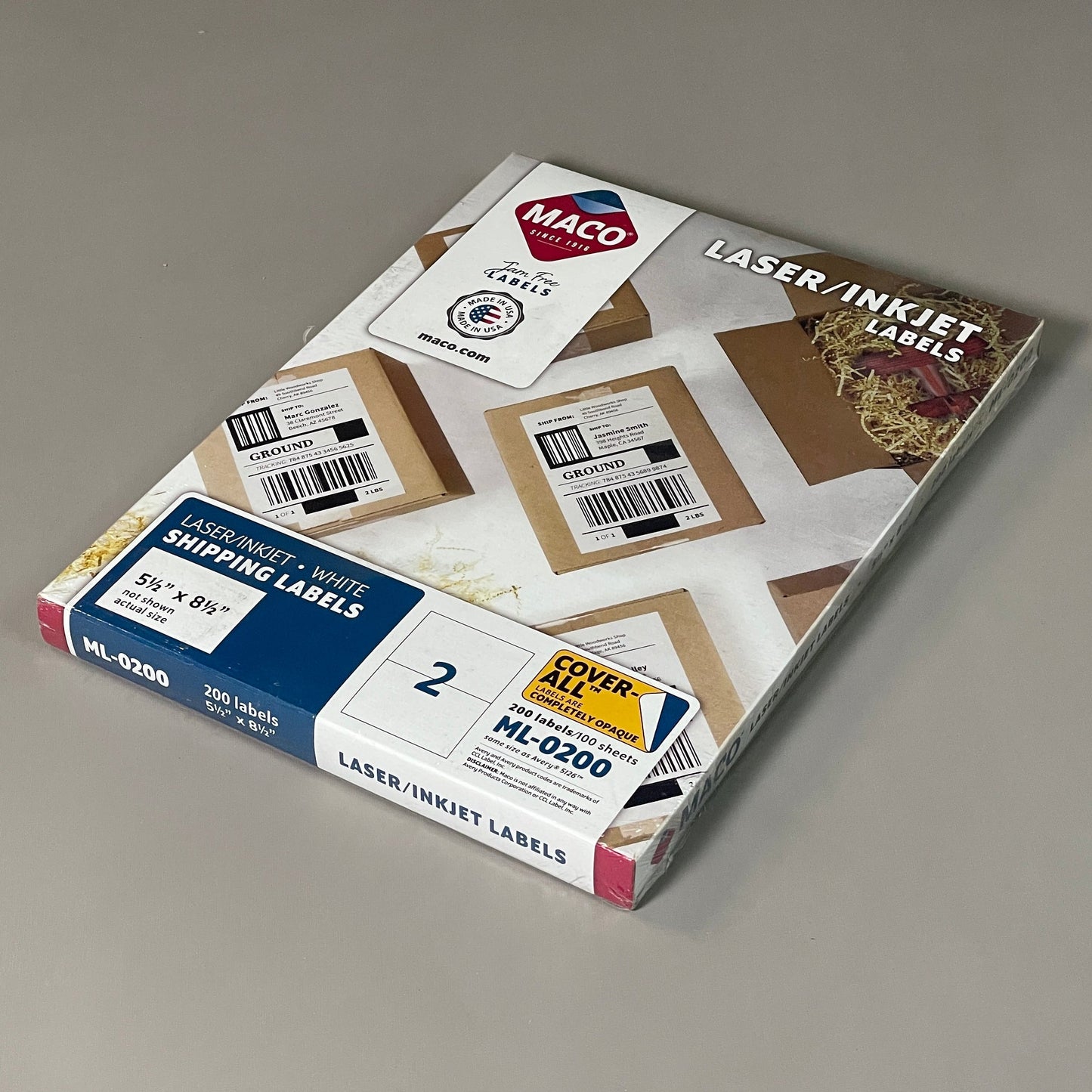 MACO Laser / Ink Jet White Shipping Labels 5.5" x 8.5” 200 Labels (100 sheets) ML-0200