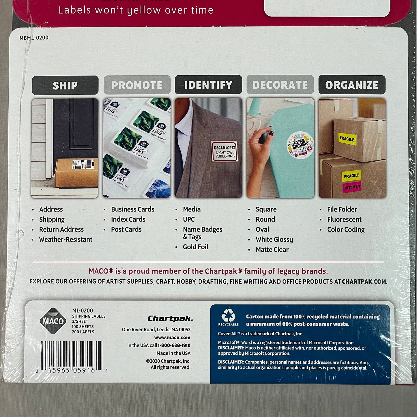 MACO Laser / Ink Jet White Shipping Labels 5.5" x 8.5” 200 Labels (100 sheets) ML-0200
