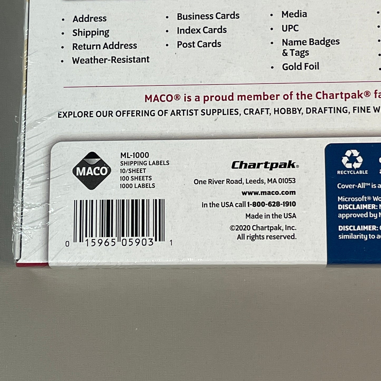 Z@ MACO Laser / Ink Jet White Shipping Labels 2" x 4” 1000 Labels (100 sheets) ML-1000