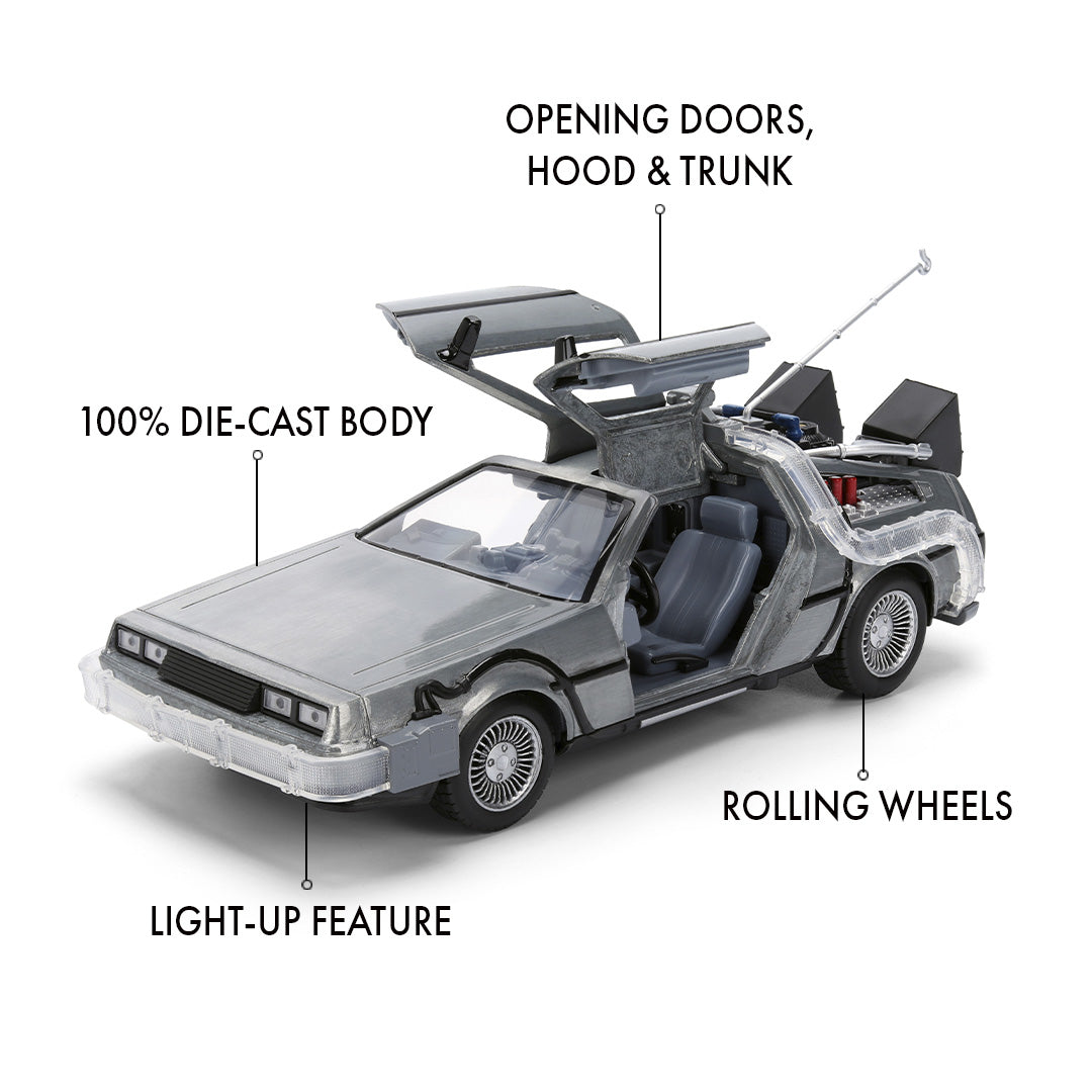 Back to the Future die-cast 1:24 scale 40th Anniversary "Hollywood Rides" light-up DeLorean Time Machine