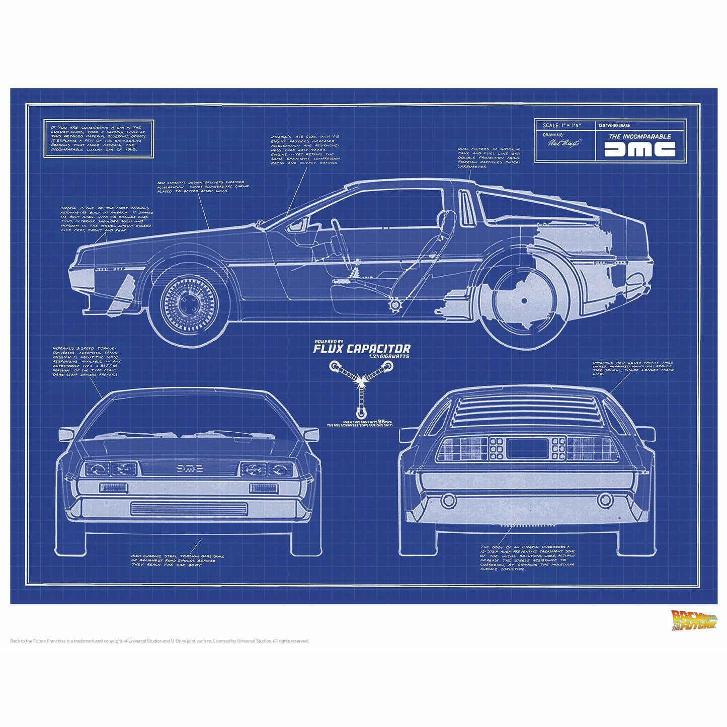 Back to the Future "DeLorean Blueprint" Limited Edition Commemorative Print with protective toploader
