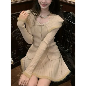 Beige Knit Two-Piece Set – Collared Cardigan & Pleated Skirt