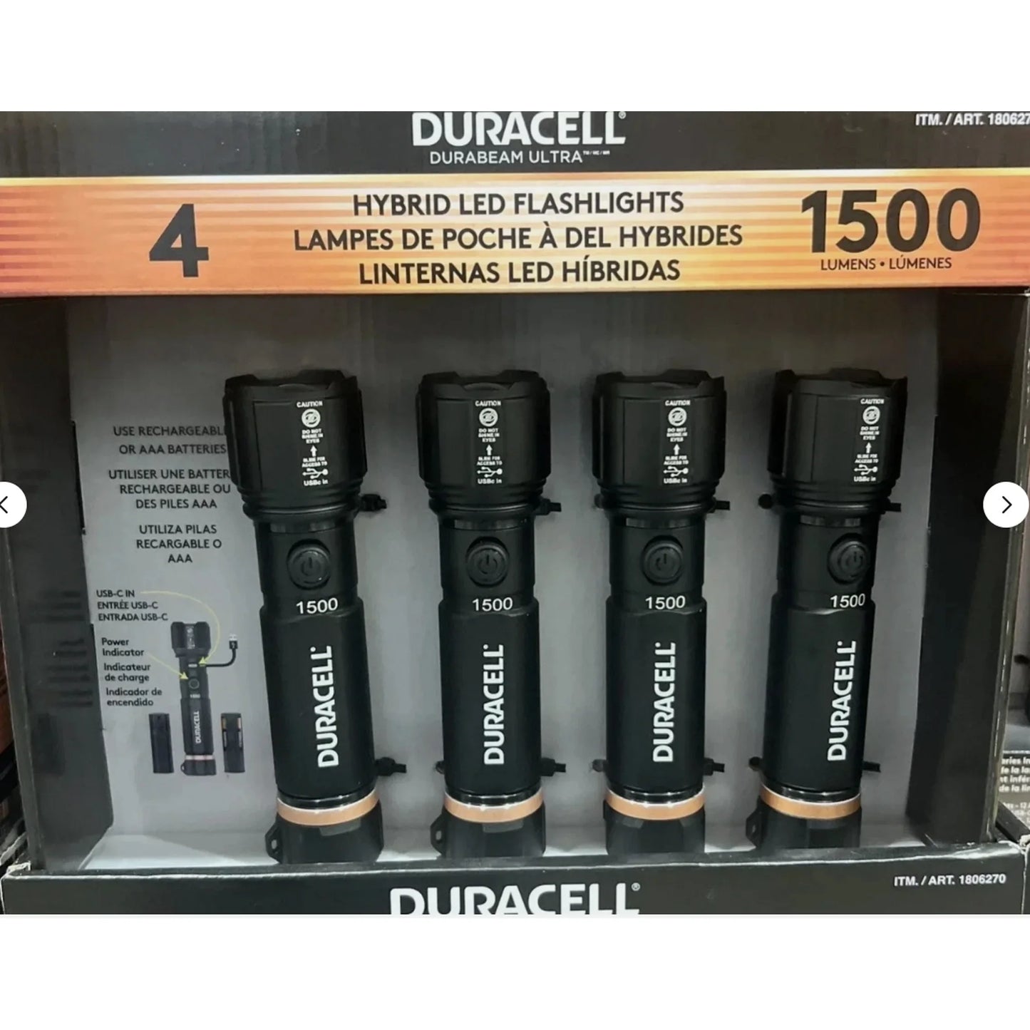 Duracell Hybrid Flashlight, 1500 Lumens, 4 ct