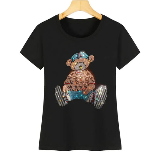 Cute Bear Cotton T-Shirt - Rhinestone Cartoon Top for Women
