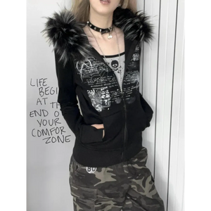 Black Gothic Grunge Fur Hooded Jacket