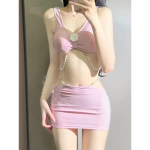 Glitter 3PC Bikini Set – 3D Flower Top with Pearl Chain Mini Skirt