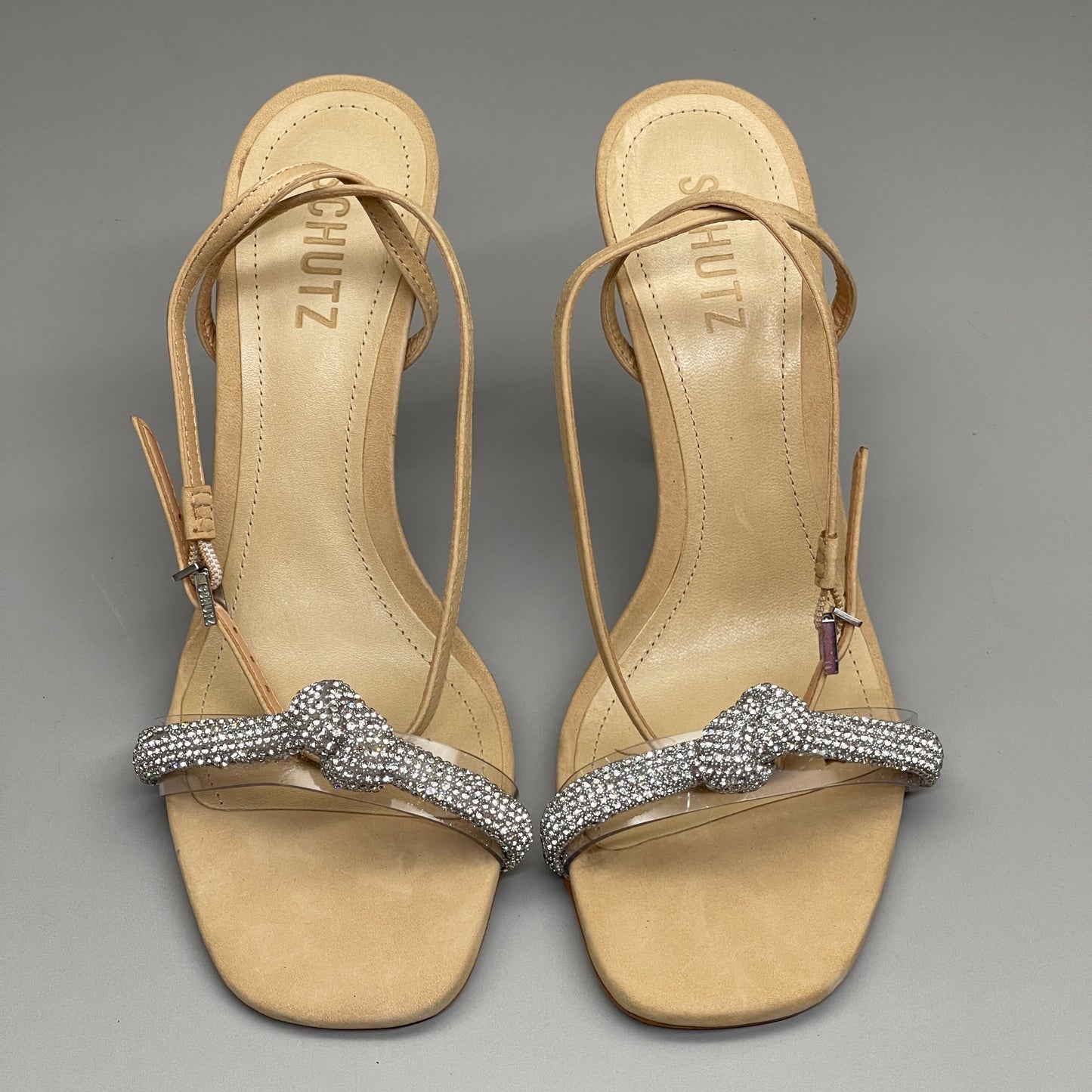 SCHUTZ Peaky Nubuck & Vinyl Multimaterial Women's Sandal Heel Light Nude Sz 7.5B (New)