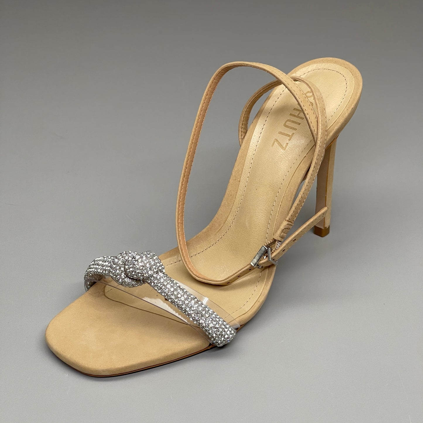 SCHUTZ Peaky Nubuck & Vinyl Multimaterial Women's Sandal Heel Light Nude Sz 7.5B (New)