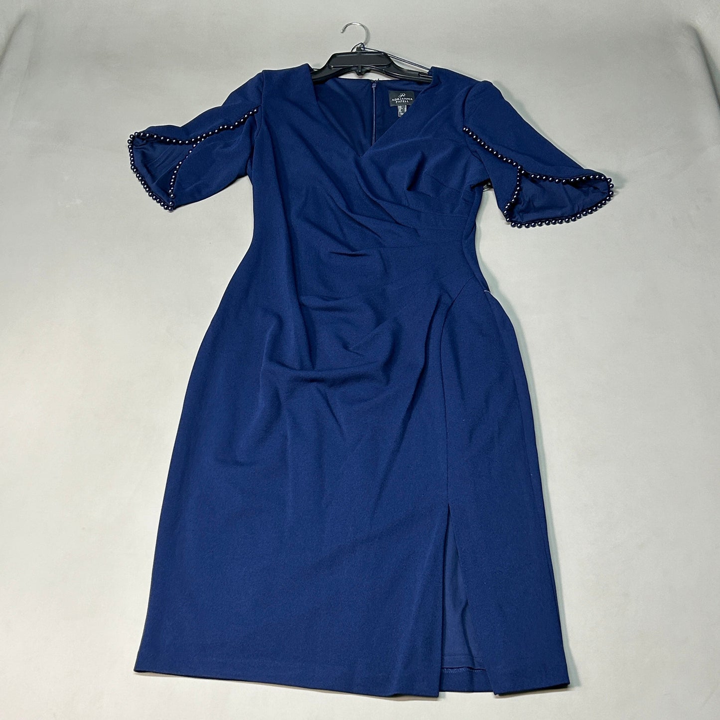 ADRIANNA PAPELL Knit Crepe Pearl Trim Navy Size 8 (New)