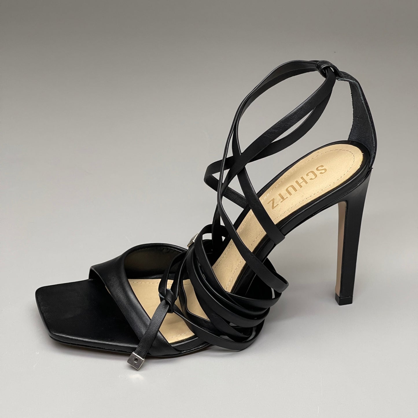 SCHUTZ Bryce Ankle Tie Women's Leather High Heel Strappy Sandal Black Sz 6B (New)