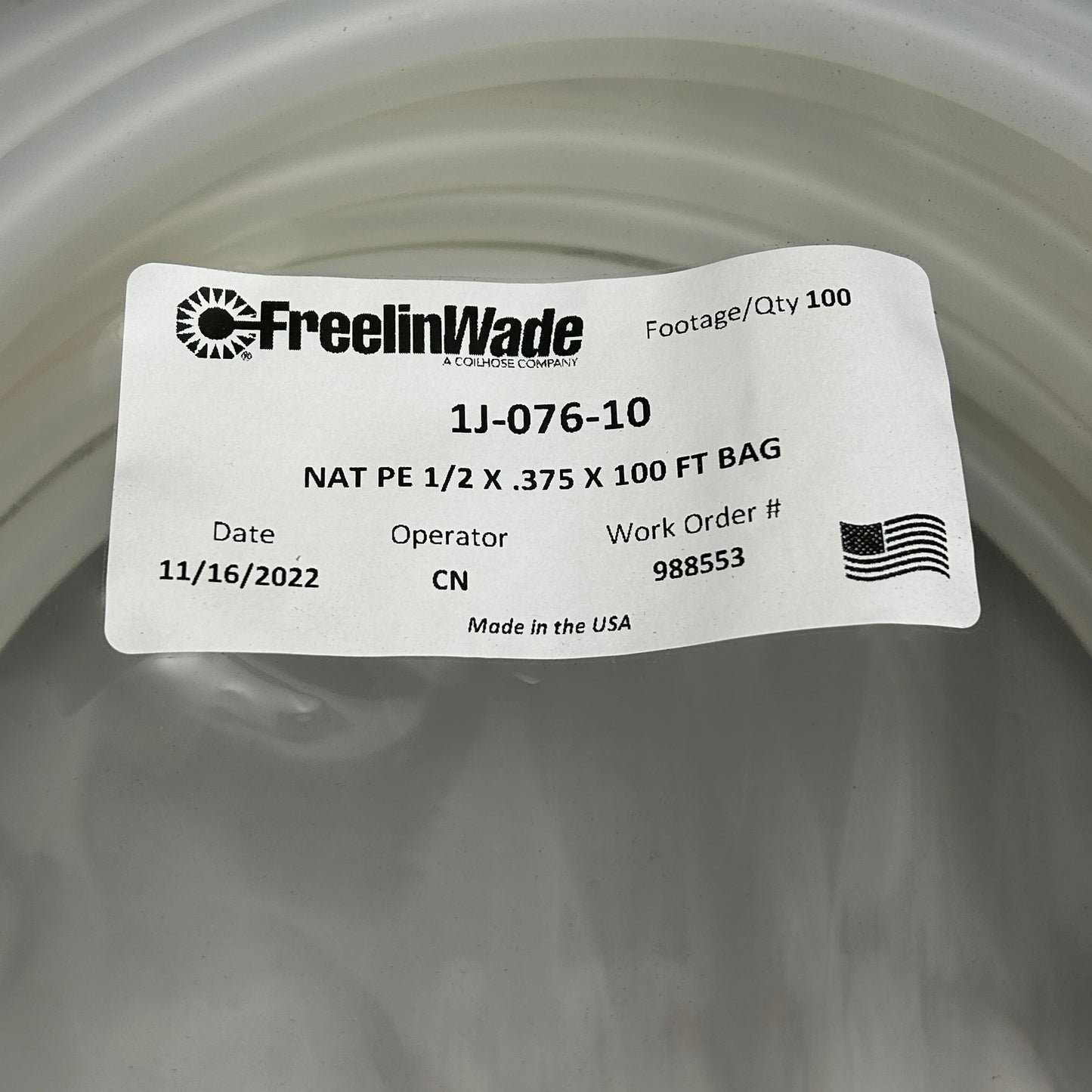 FREELIN-WADE Natural Polyethylene Tubing 100 ft 1J-076-10 (New)
