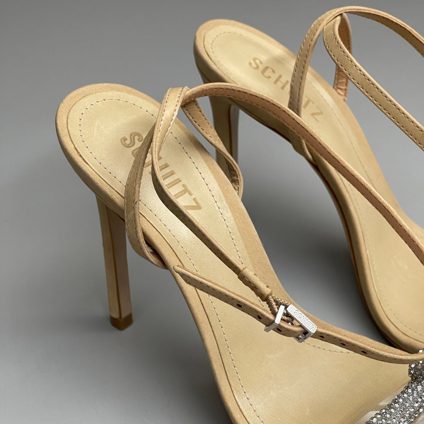 SCHUTZ Peaky Nubuck & Vinyl Multimaterial Women's Sandal Heel Light Nude Sz 7.5B (New)