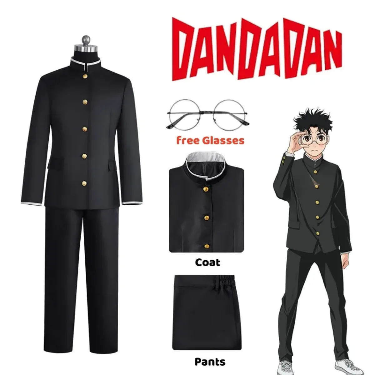 Okarun Cosplay Costume – Dandadan School Uniform with Glasses