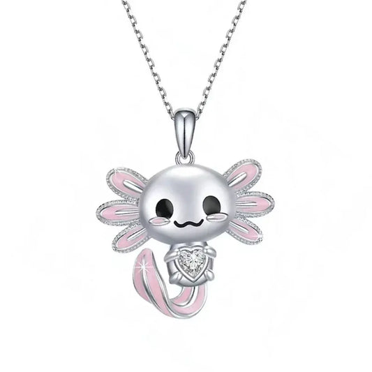 Cute Pink Axolotl Necklace - Enamel Pendant with Crystal Charm