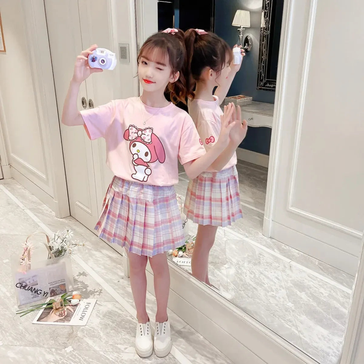Kuromi Short-Sleeved Shirt and Pleated Skirt Set