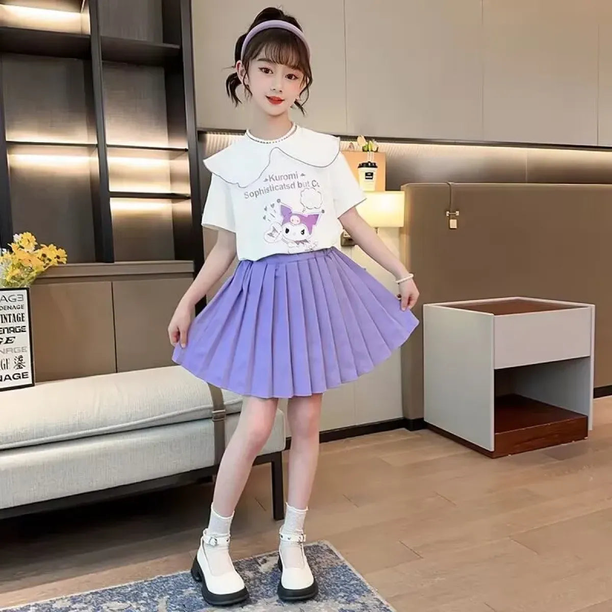 Kuromi Short-Sleeved Shirt and Pleated Skirt Set