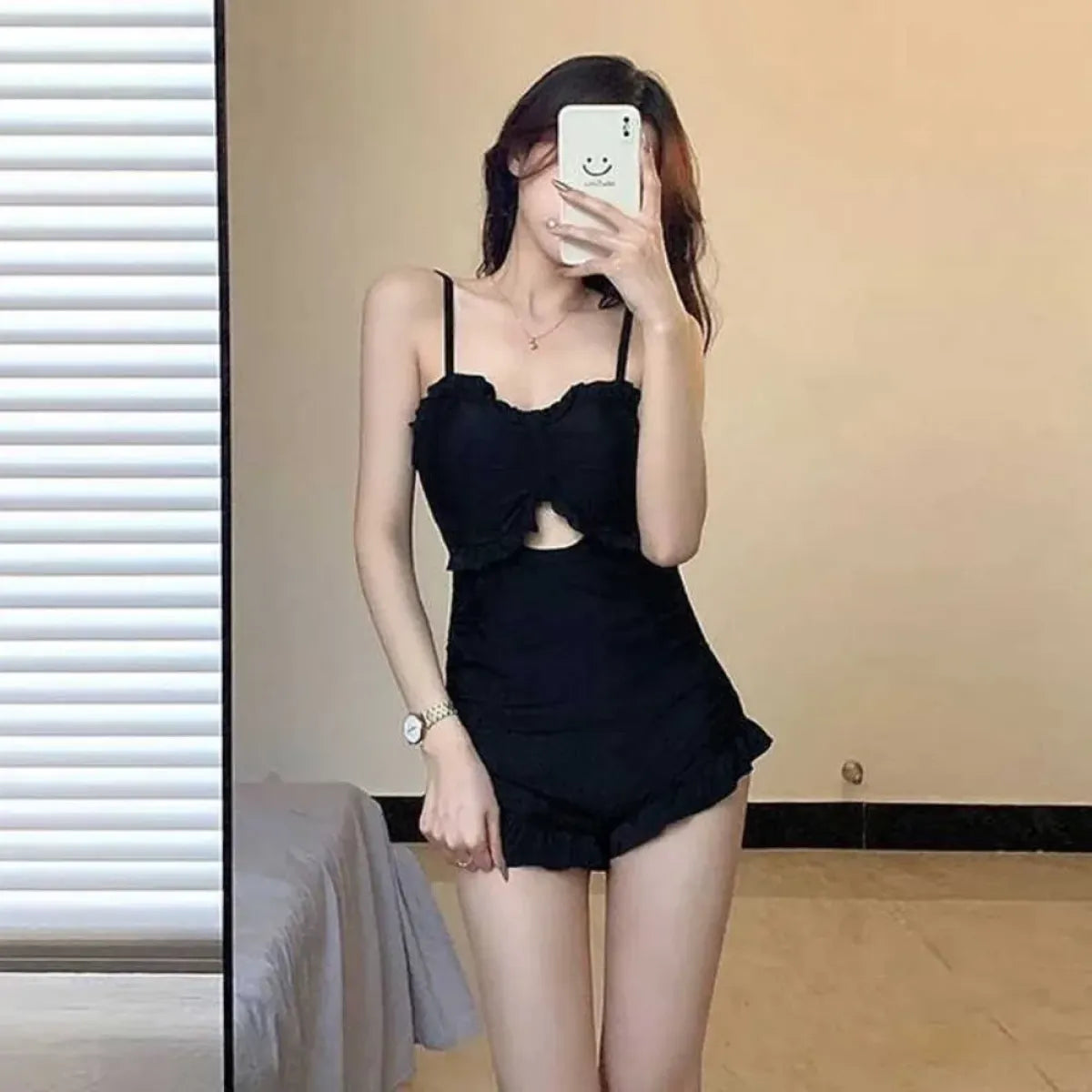 Ruffle Bow One-Piece Swimsuit – Korean Hollow Out Shorts Style