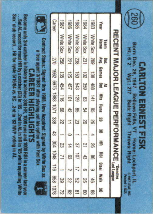 1988 Donruss Carlton Fisk #260 Chicago White Sox