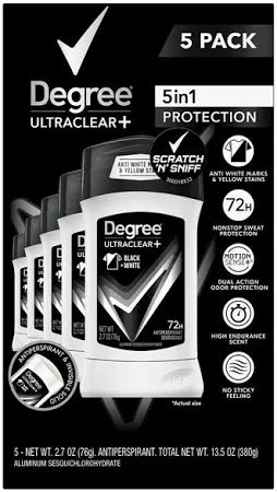 Degree UltraClear+ 5in1 Protection Antiperspirant Deodorant Black+White 5 Pack