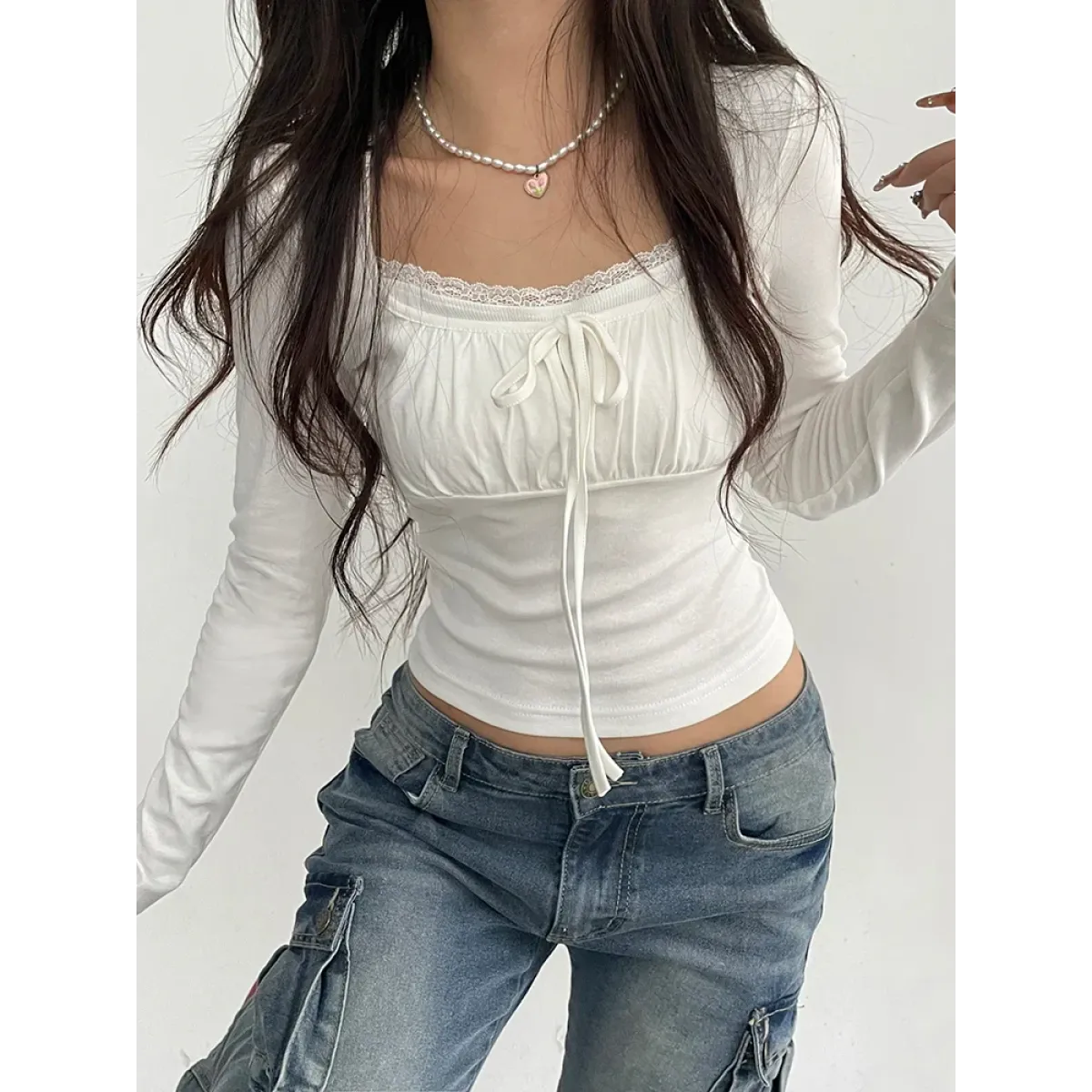 Slim Lace Long Sleeve Top – Kawaii Square Collar Women's T-Shirt