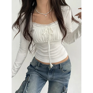 Slim Lace Long Sleeve Top – Kawaii Square Collar Women's T-Shirt