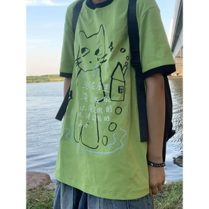 Green Harajuku Cat Print T-Shirt – Y2K Fairycore Grunge Tee