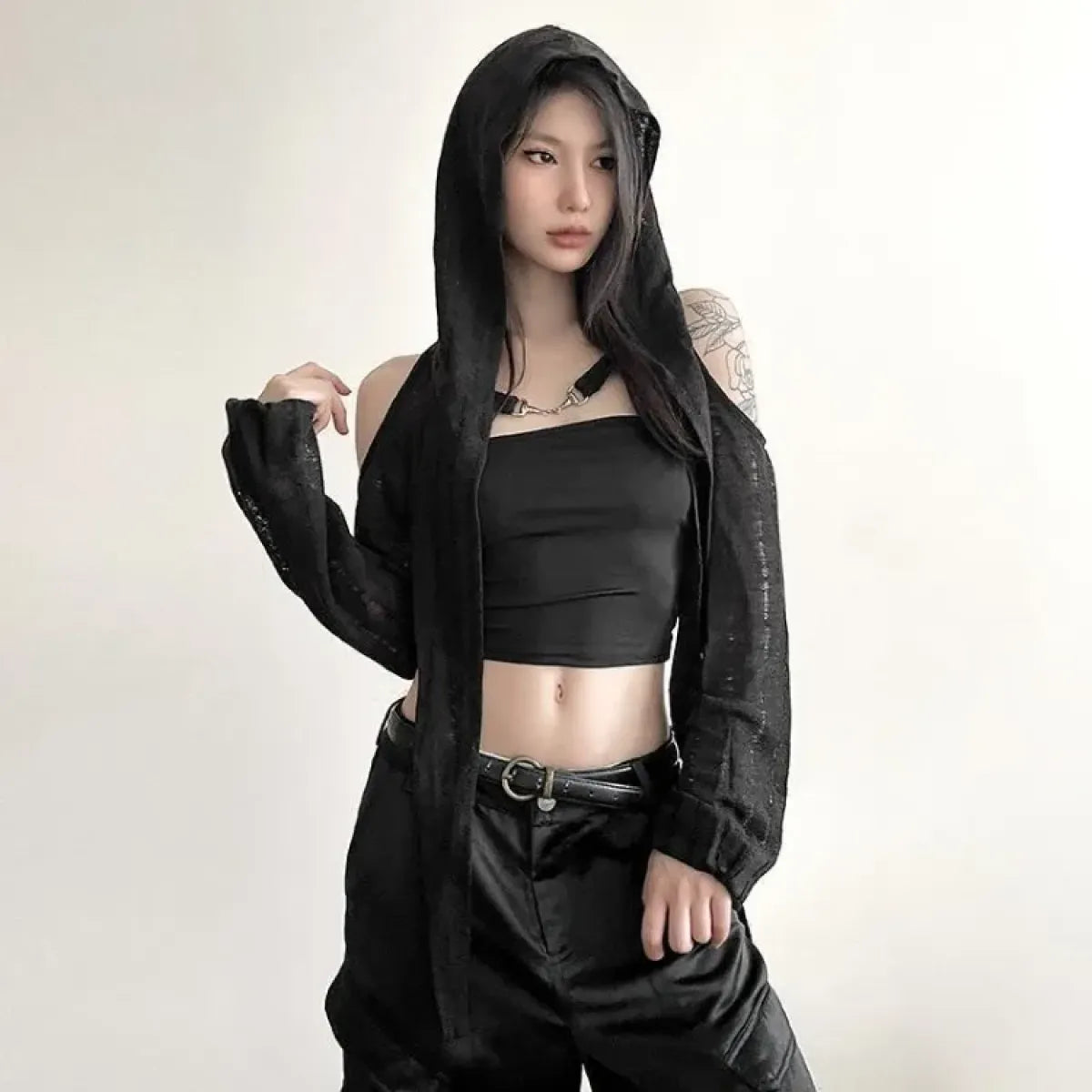 Y2K Grunge Black Hollow Out Hoodie – Slim Fit Long Sleeve Tee