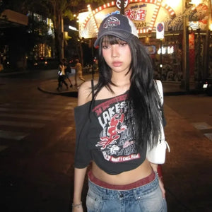 Black Off-Shoulder Graphic Tee – Y2K Grunge Punk Harajuku Crop Top