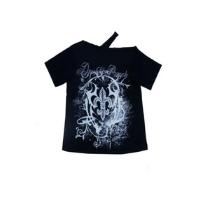 Black Gothic Print T-Shirt – Off-Shoulder Y2K Grunge Tee